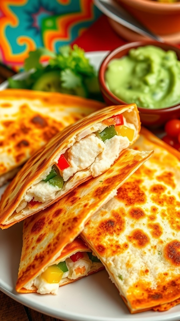 Crispy tilapia quesadilla filled with cheese and bell peppers, served with salsa and guacamole.